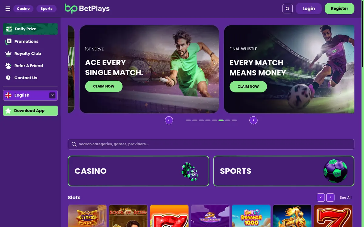 BetPlays home page with sports promotion banners, a games search bar and large Casino and Sports buttons