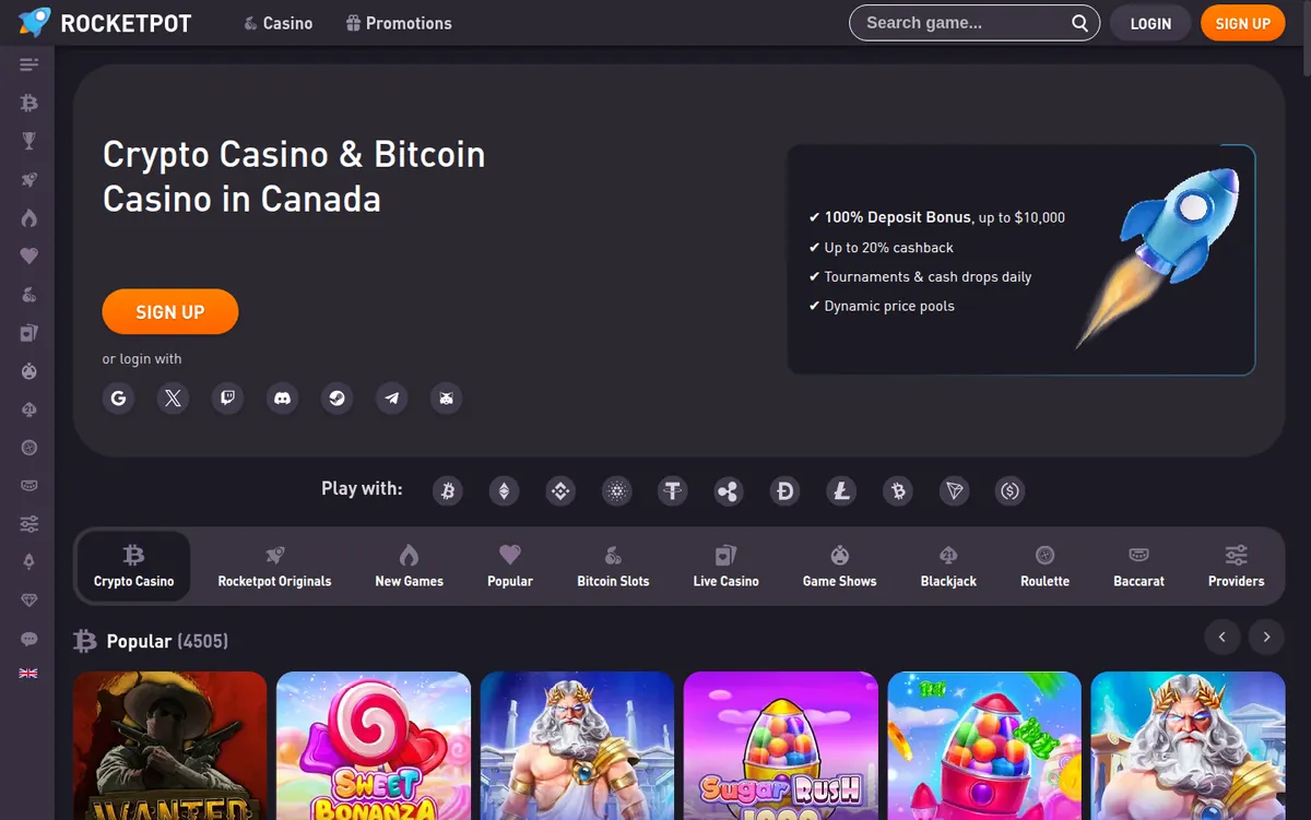 Rocketpot home page with a sign-up panel and a row of coin icons under the heading Play with