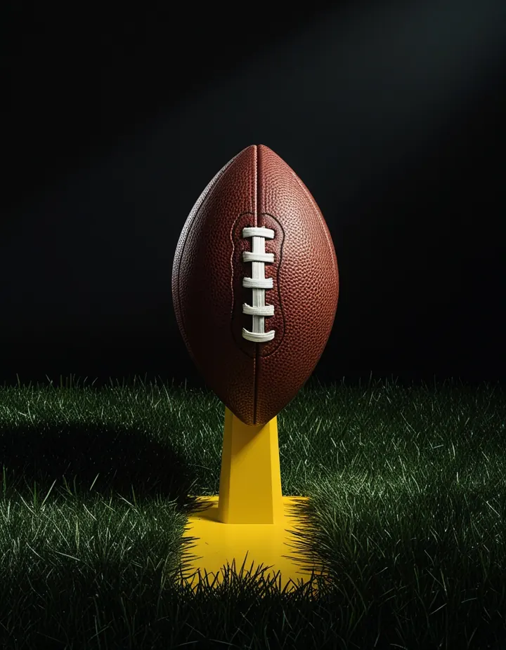 An American football on a kicking tee under a hard flash