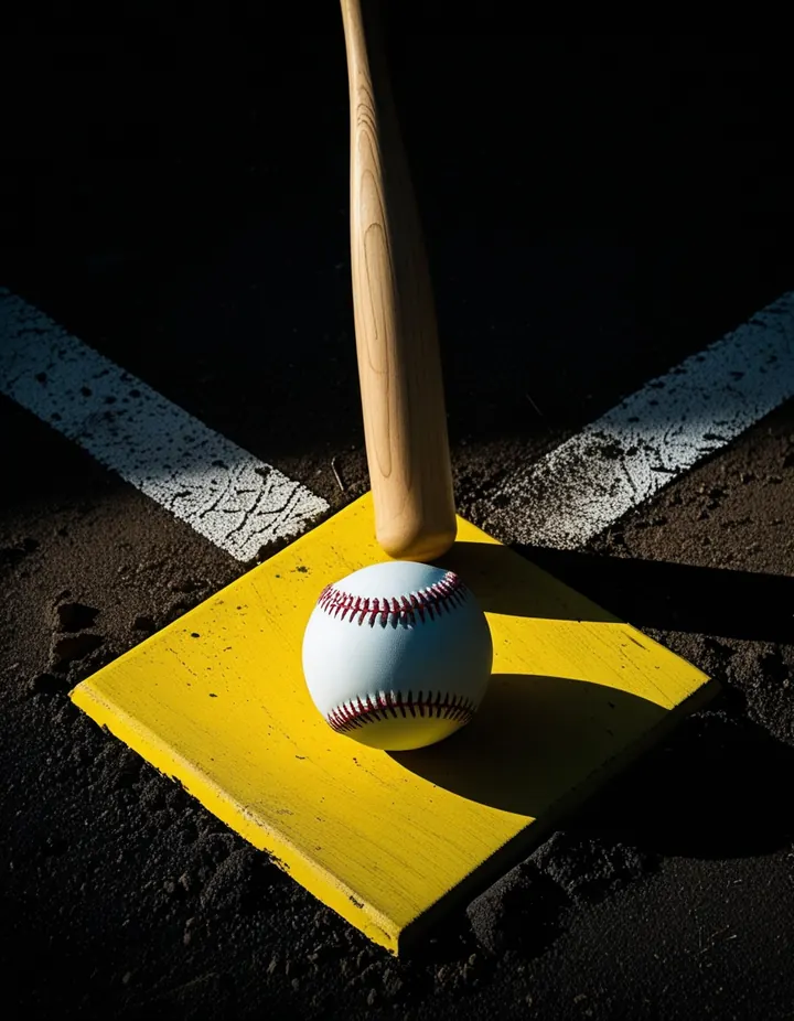 A wooden bat and a ball on home plate