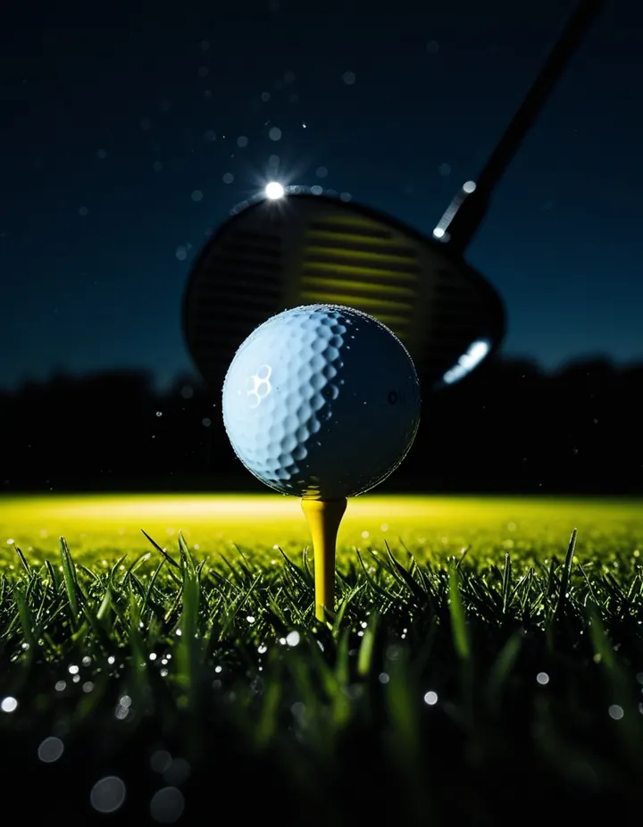 A golf ball on a tee at night under a flash