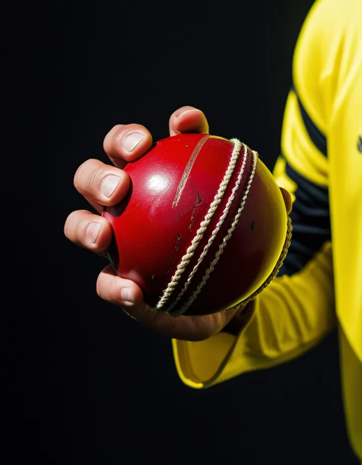 A cricket ball in a fast bowler's hand before release
