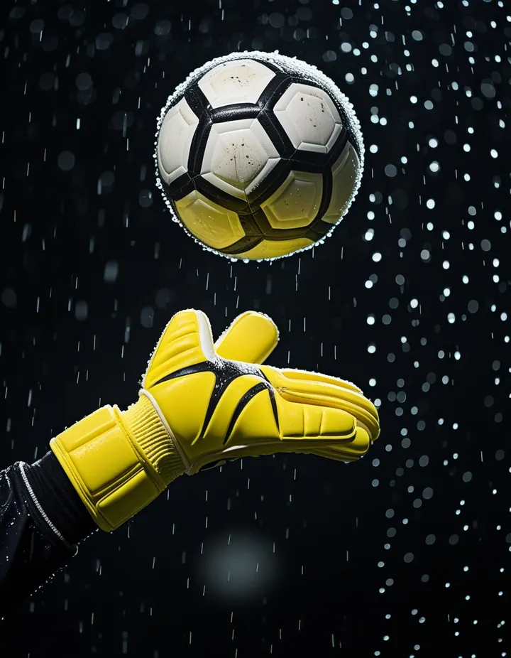 A goalkeeper's gloves stretch toward the ball
