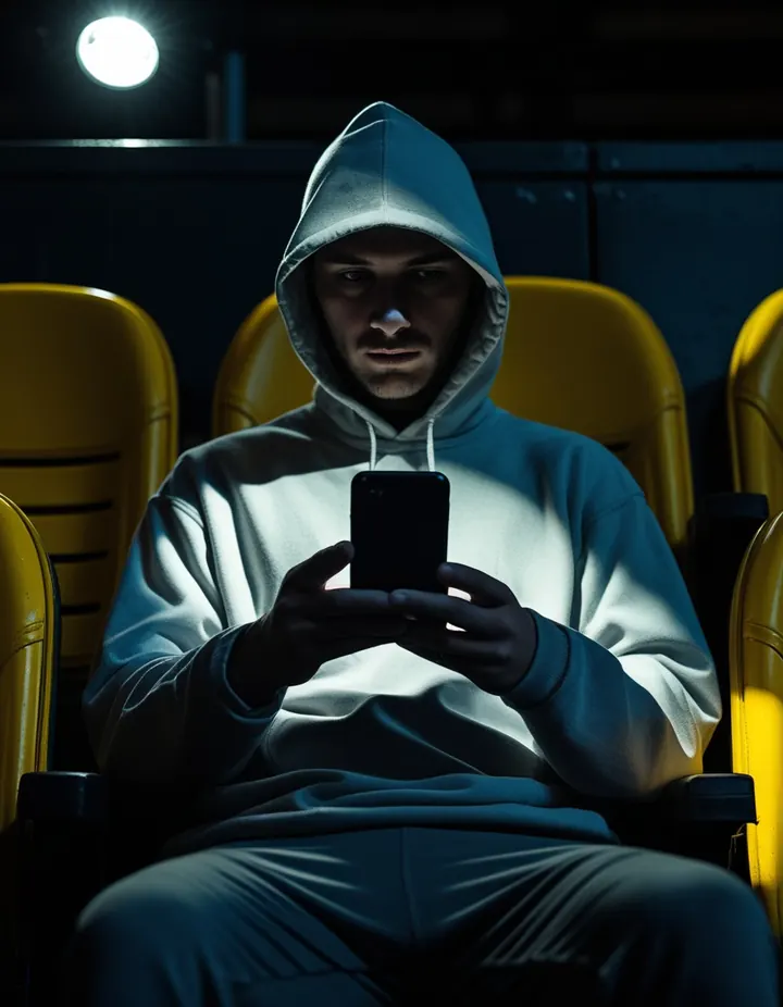 A fan in a hood lit by a phone in a dark stand