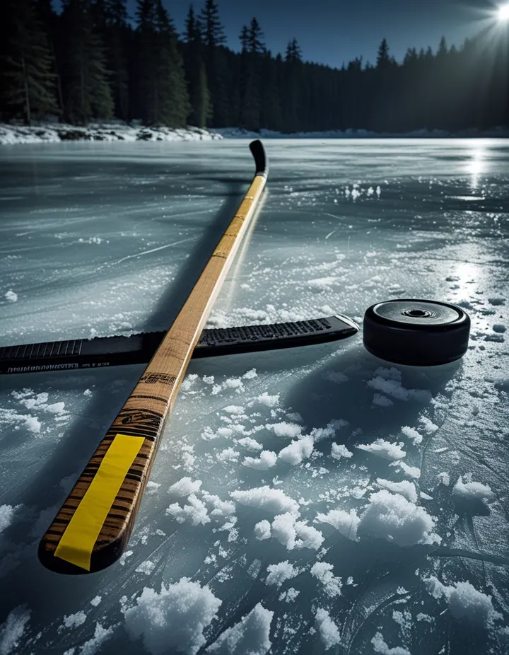 A hockey stick and puck on a frozen lake