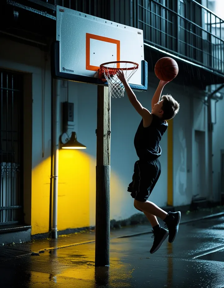 A basketball hoop on a street corner after rain