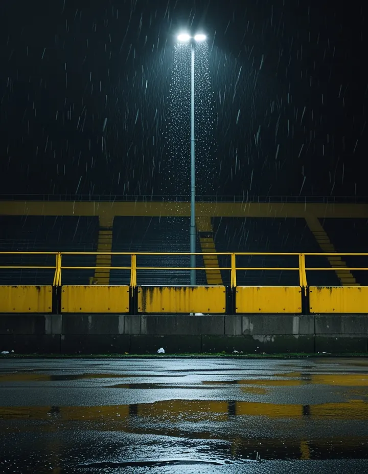 Rain on a football terrace under a floodlight