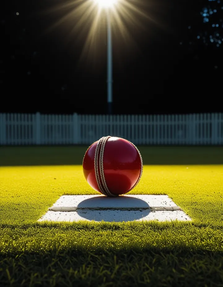 A cricket ball resting on the crease under flash
