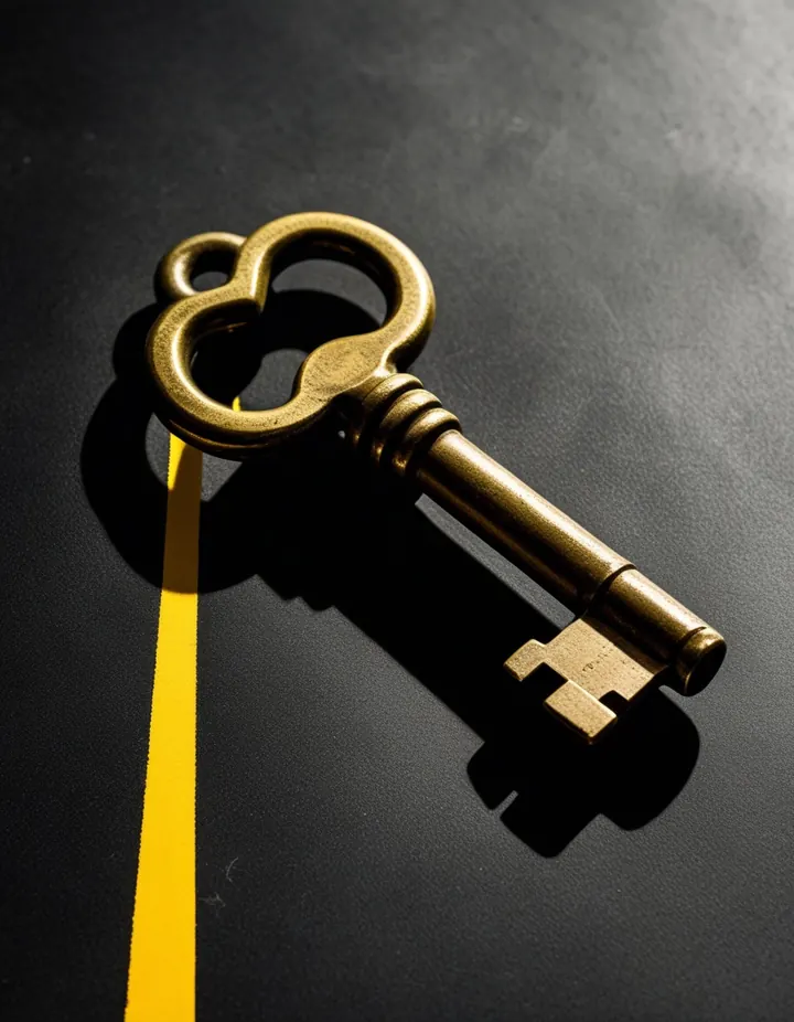 A brass key on a black surface under flash