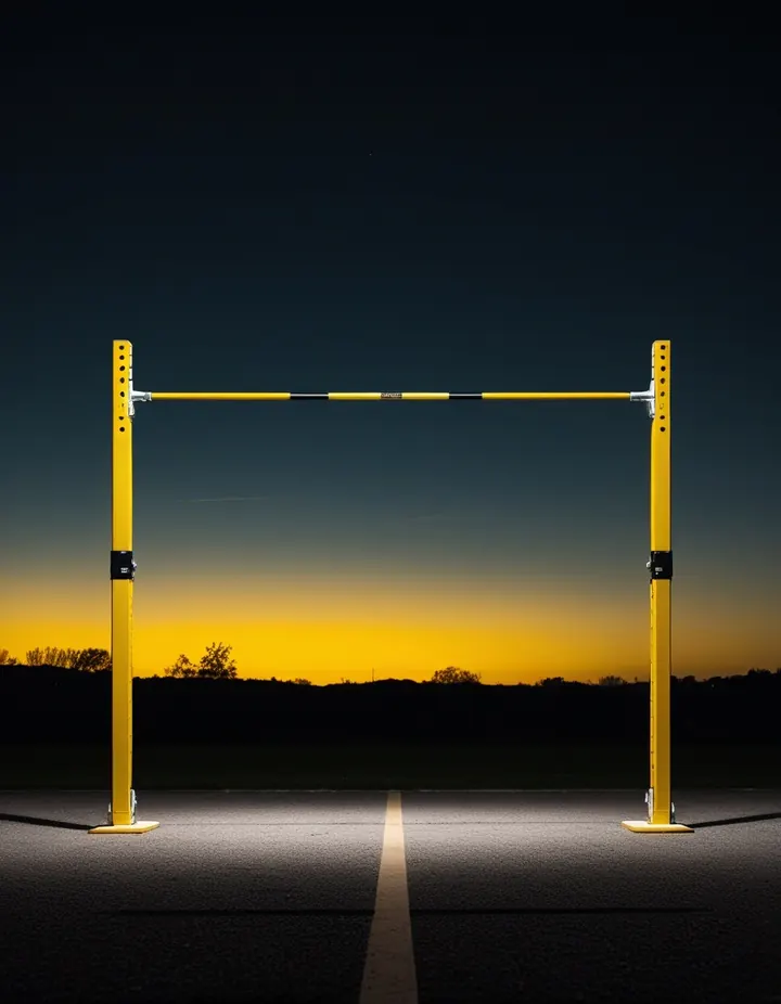 A high jump bar set high against a black sky