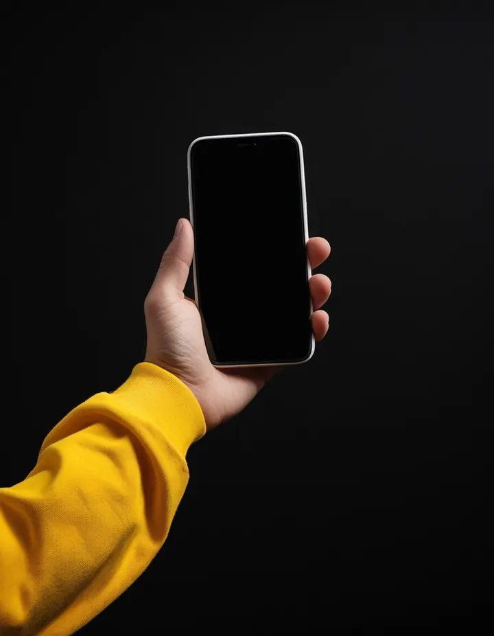 A hand holds a blank phone against a black backdrop