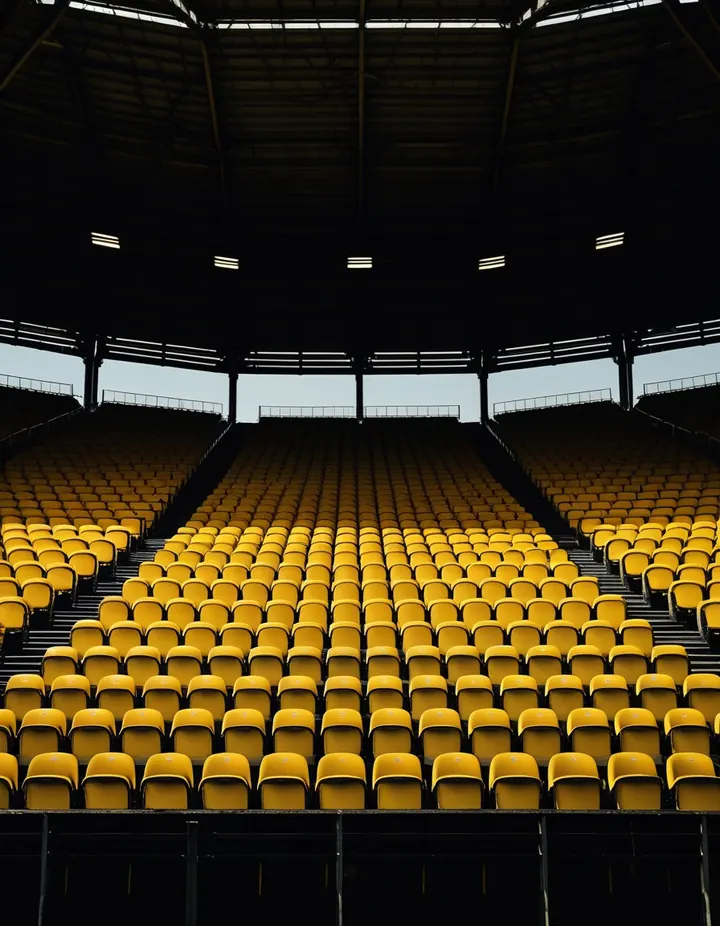 Rows of yellow stadium seats under hard flash
