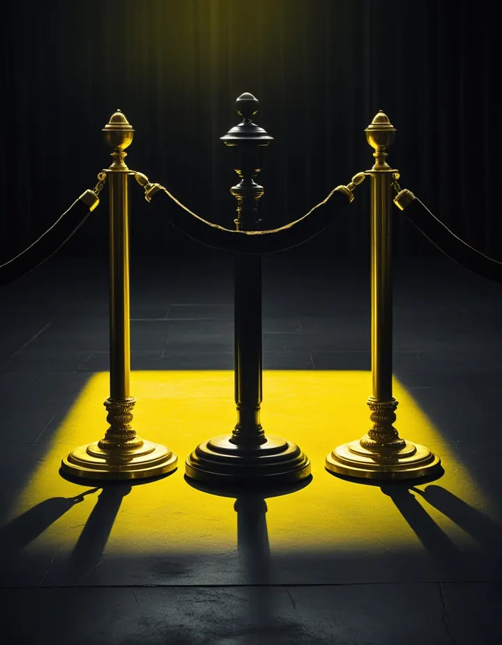 A velvet rope and brass posts under flash