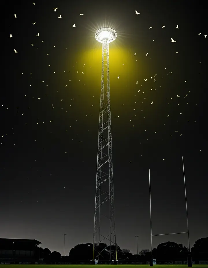 A floodlight tower blazes over a rugby league ground