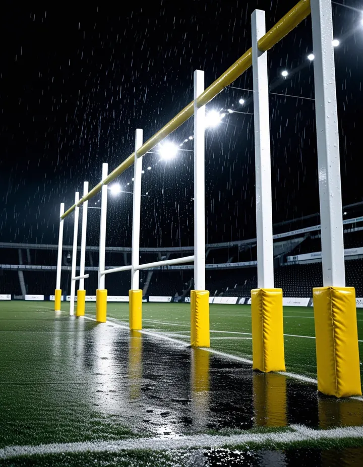 Rain falls on rugby posts in a winter stadium