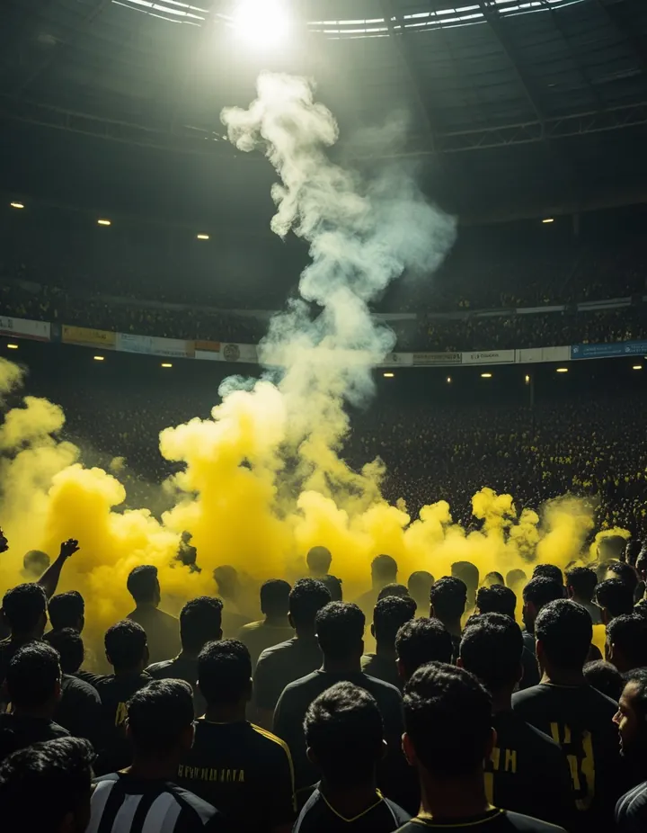 A packed football crowd in Kolkata with smoke and hard light