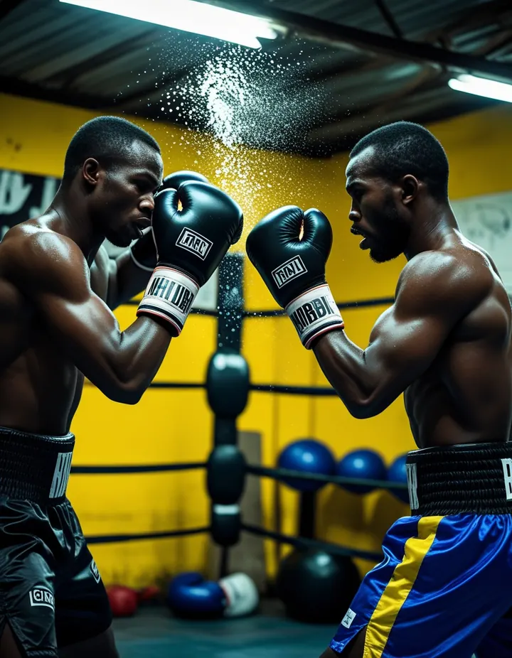 Two boxers spar in a small gym in Nairobi