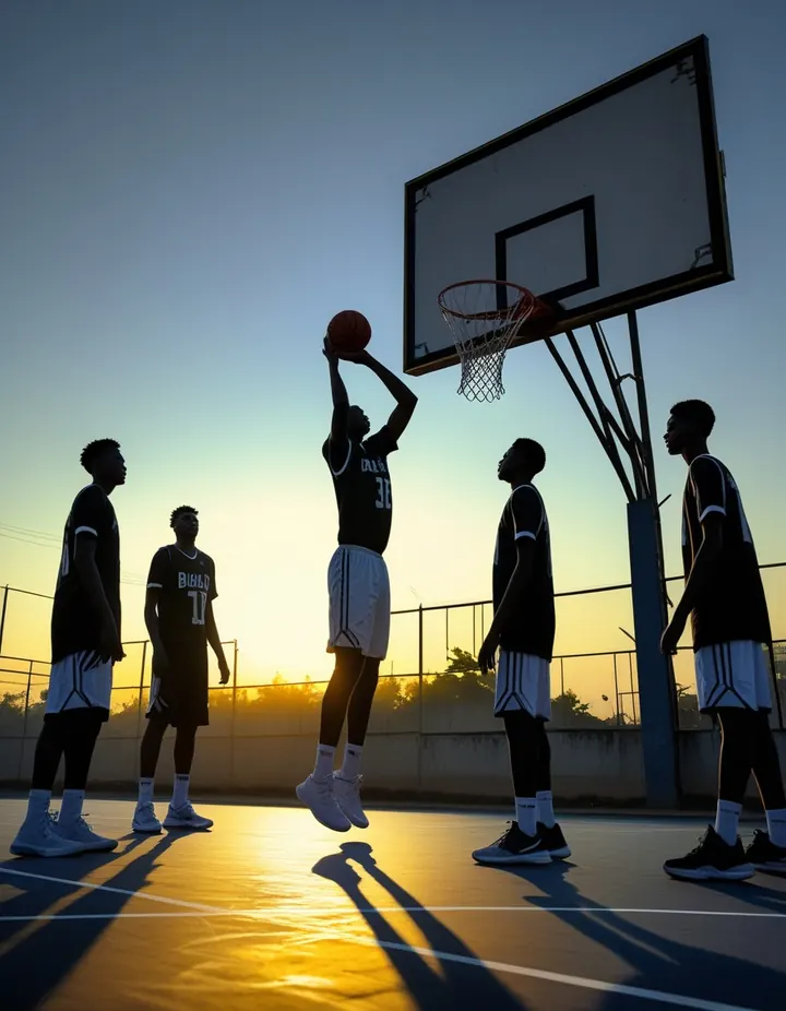 Basketball on an outdoor court in Abuja at sunset